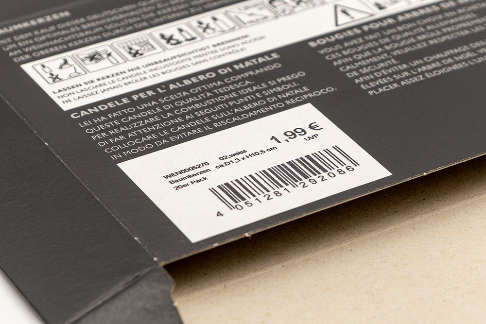 Verpackungsrückseite bedruckt mit Barcode und Preis mit einem TIJ-Drucksystem