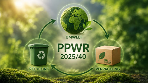 Illustration der PPWR 2025/40 mit Kreislauf aus Umwelt, Verpackung und Recycling als Symbol für nachhaltige Verpackungen und Kreislaufwirtschaft.
