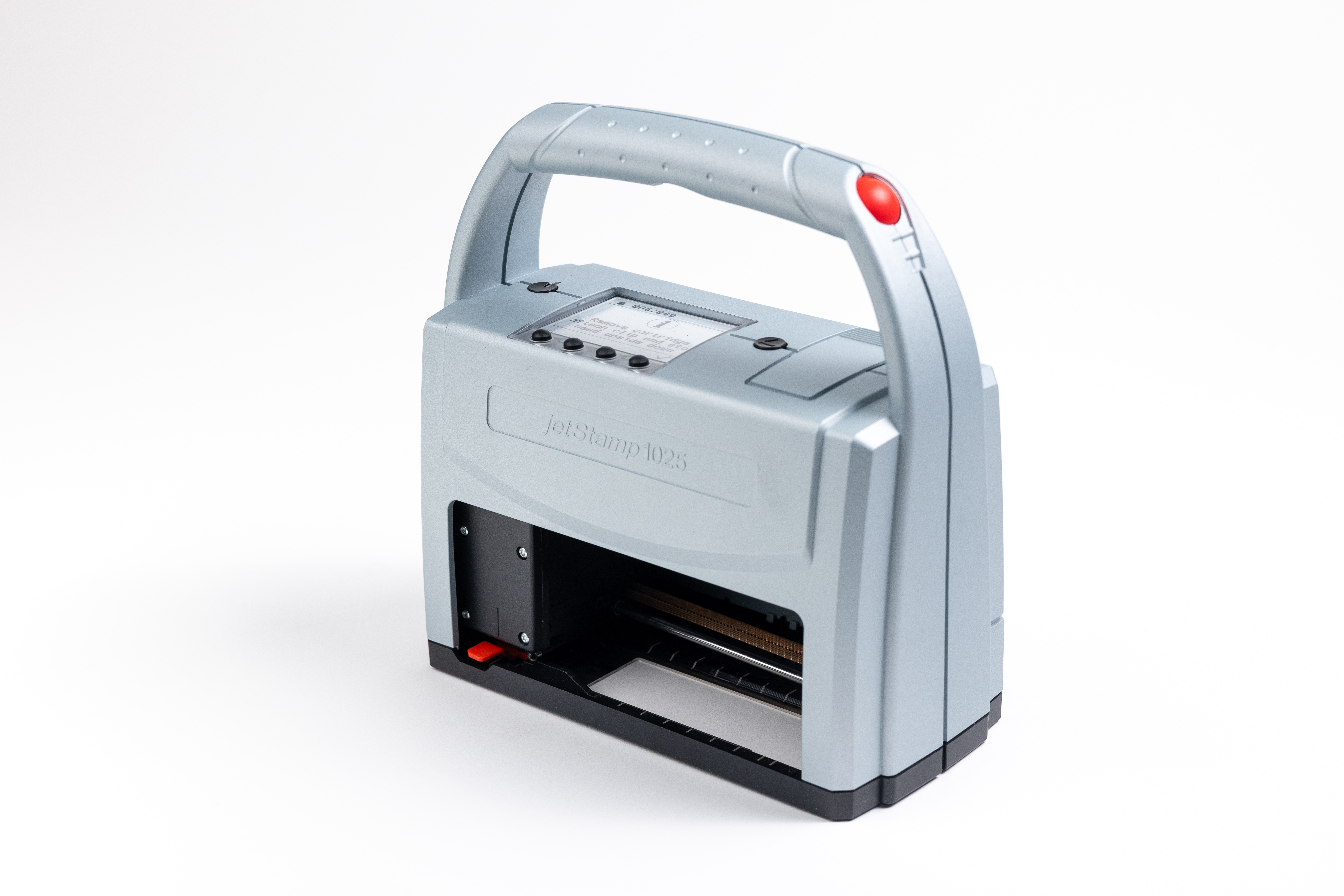 Mobiler Handdrucker REINER jetStamp 1025 auf weißem Hintergrund mit Griff und Display.