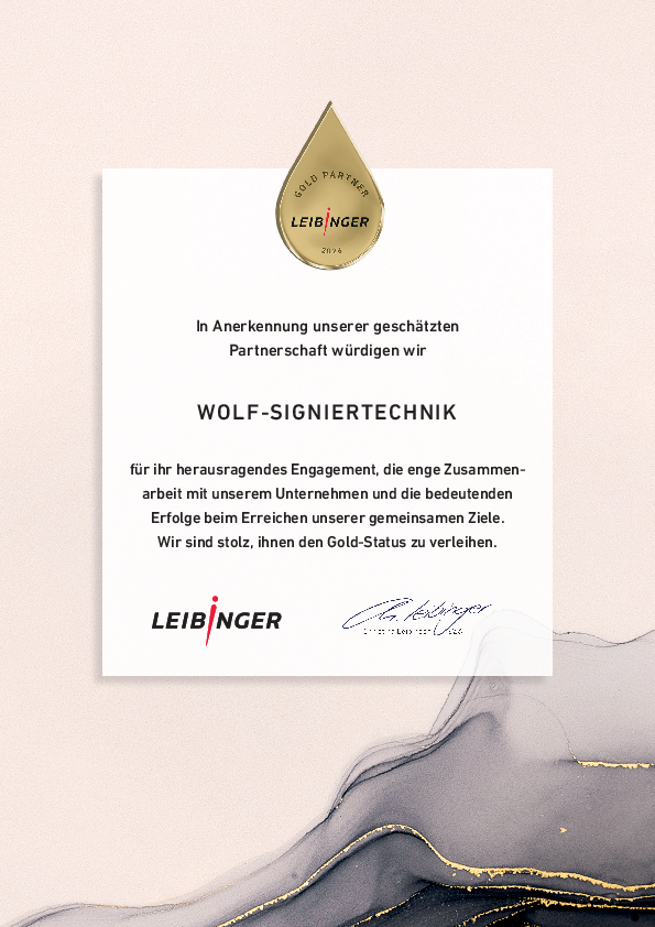 Urkunde des Gold Partners WOLF-Signiertechnik von Leibinger
