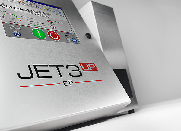 Detailansicht des Leibinger JET 3 up EP mit Farbdisplay und Bedienoberfläche für industrielle Anwendungen