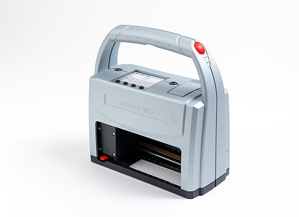 Mobiler Handdrucker REINER jetStamp 1025 auf weißem Hintergrund mit Griff und Display.