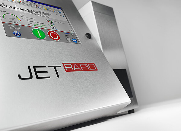 Leibinger JET RAPID Continuous Inkjet-Drucker mit Farb-Touchdisplay und Bedienelementen für Hochgeschwindigkeitskennzeichnung