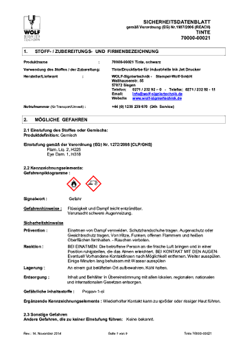 Sicherheitsdatenblatt Tinte